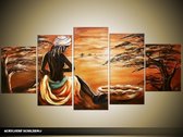 Schilderij -  Afrika - Bruin - 150x70cm 5Luik - GroepArt - Handgeschilderd Schilderij - Canvas Schilderij - Wanddecoratie - Woonkamer - Slaapkamer - Geschilderd Door Onze Kunstenaars 2000+Collectie Maatwerk Mogelijk