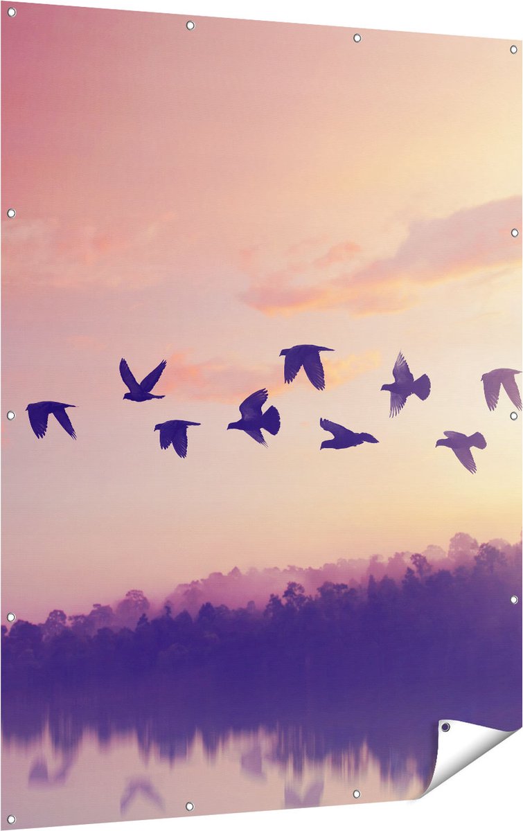 Gards Tuinposter Silhouet Vogels tijdens Zonsondergang - 120x160 cm - Tuindoek - Tuindecoratie - Wanddecoratie buiten - Tuinschilderij Multikleur