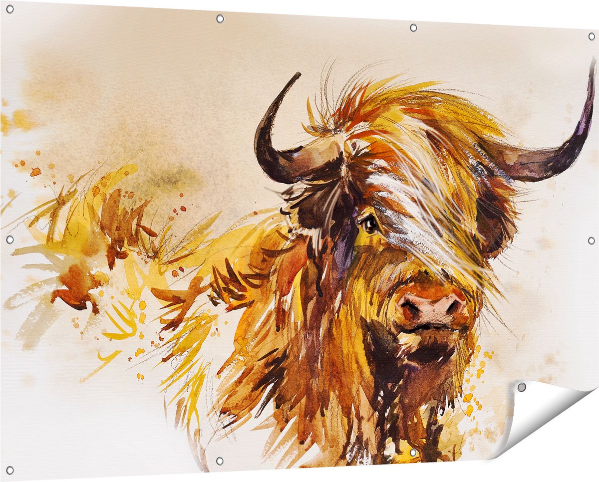 Gards Tuinposter Schotse Hooglander Koe - Abstract - 150x100 cm - Tuindoek - Tuindecoratie - Wanddecoratie buiten - Tuinschilderij Multikleur