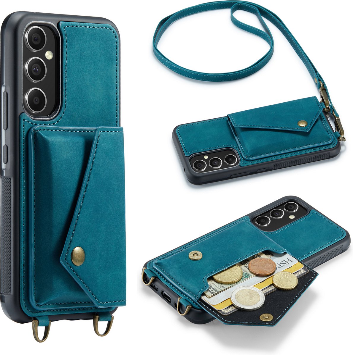 Casemania Hoesje Geschikt voor Samsung Galaxy A54 - Emerald Green - Luxe Backcover met Koord en Magnetische Sluiting - Portemonnee Wallet Case met Pasjeshouder en Opbergvak - Lanyard Telefoonhoes - Cord Case
