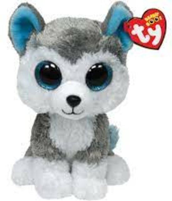 Grijze en witte Beanie Boo husky knuffel met grote blauwe glitterogen en blauwe oren. Rode Ty hart tag is zichtbaar.
