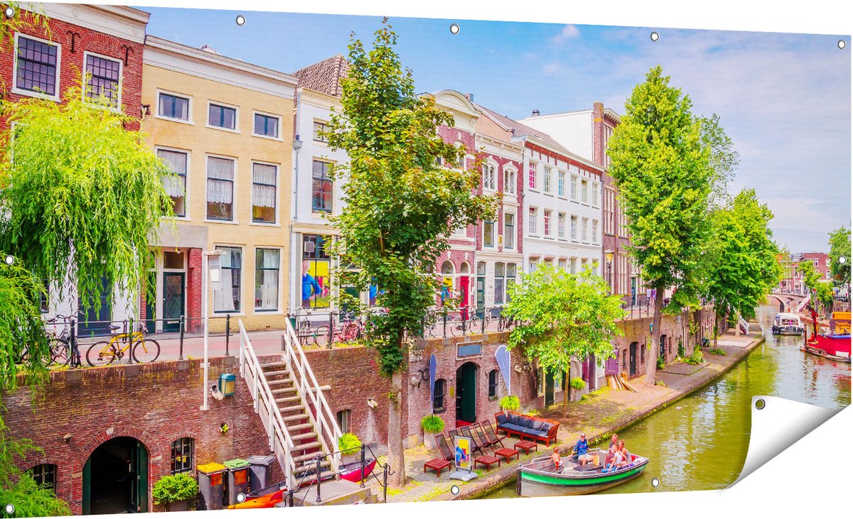 Gards Tuinposter Huisjes aan de Oudegracht in Utrecht - 180x90 cm - Tuindoek - Tuindecoratie - Wanddecoratie buiten - Tuinschilderij Multikleur