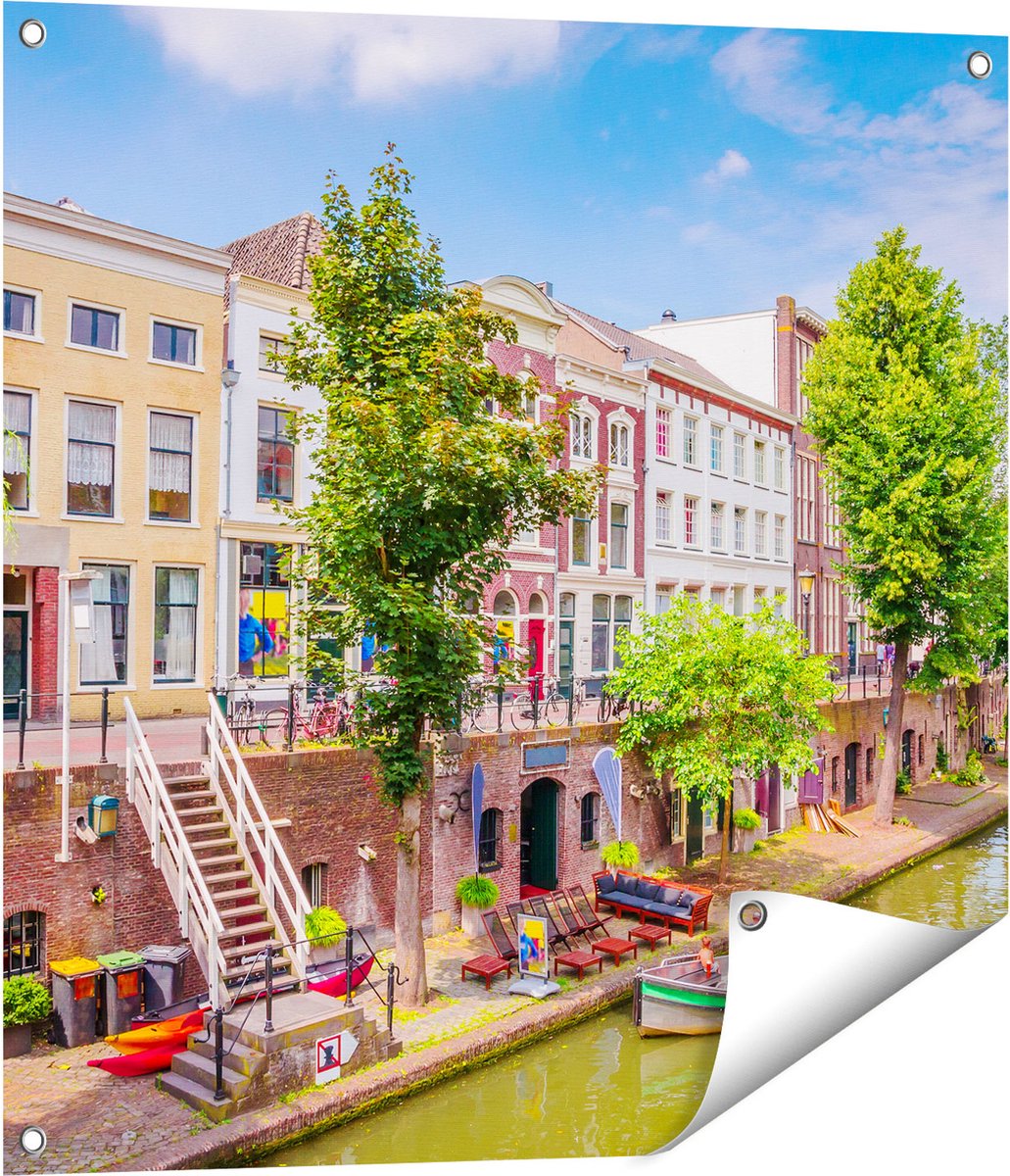 Gards Tuinposter Huisjes aan de Oudegracht in Utrecht - 70x70 cm - Tuindoek - Tuindecoratie - Wanddecoratie buiten - Tuinschilderij Multikleur