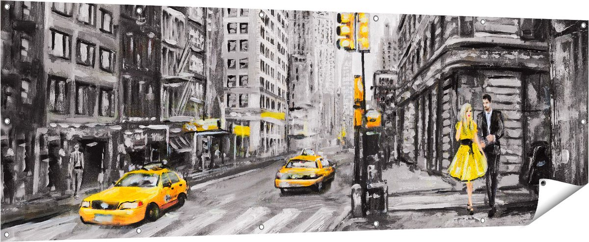 Gards Tuinposter Geschilderde New York Tekening - Zwart Wit - 210x70 cm - Tuindoek - Tuindecoratie - Wanddecoratie buiten - Tuinschilderij Multikleur