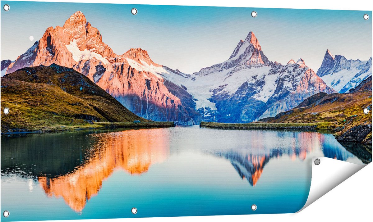 Gards Tuinposter Bergen Landschap bij het Meer - 120x60 cm - Tuindoek - Tuindecoratie - Wanddecoratie buiten - Tuinschilderij Multikleur