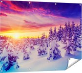 Gards Tuinposter Zonsondergang in het Sneeuw Bos - 120x90 cm - Tuindoek - Tuindecoratie - Wanddecoratie buiten - Tuinschilderij