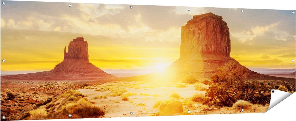 Gards Tuinposter Zonsondergang in Woestijn Monument Valley - 210x70 cm - Tuindoek - Tuindecoratie - Wanddecoratie buiten - Tuinschilderij Multikleur