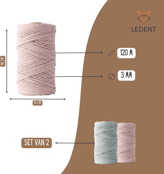 Corda Per Macramè LEDENT - 3mm X 120 Metri - Blu Marino - Cotone Riciclato Al 100% - Doppia Torsione - Progetti Fai-da-te - 4