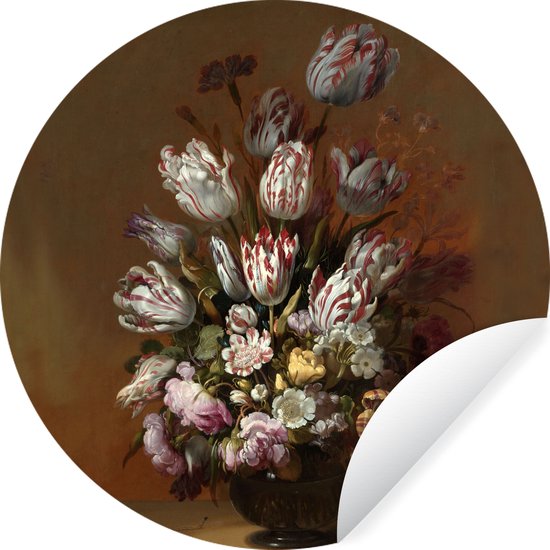 Behangcirkel - Bloemen - Kunst - Stilleven - Vintage - Behangcirkel zelfklevend - Rond behang - Behangsticker - Woonkamer decoratie - Wanddecoratie rond - Wandcirkel - 100x100 cm - Muurcirkel - Muurdecoratie cirkel