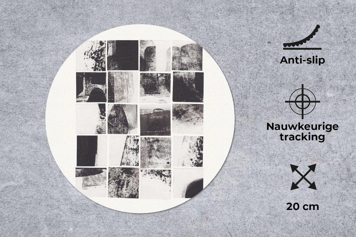 Muismat rond 20x20 cm - Mousepad Mozaïek - Abstract - Zwart - Wit - Ronde muismatten