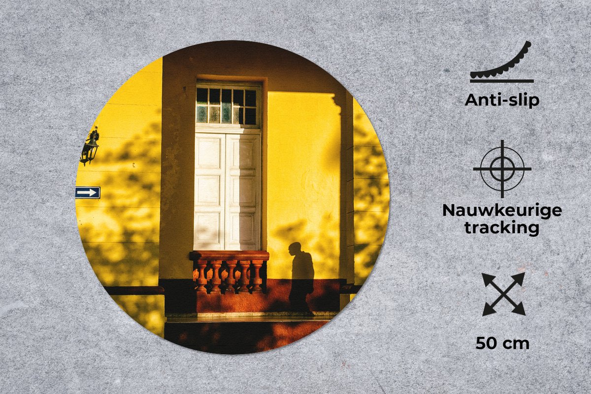 Muismat rond 50x50 cm - Mousepad Deur - Geel - Architectuur - Schaduw - Ronde muismatten