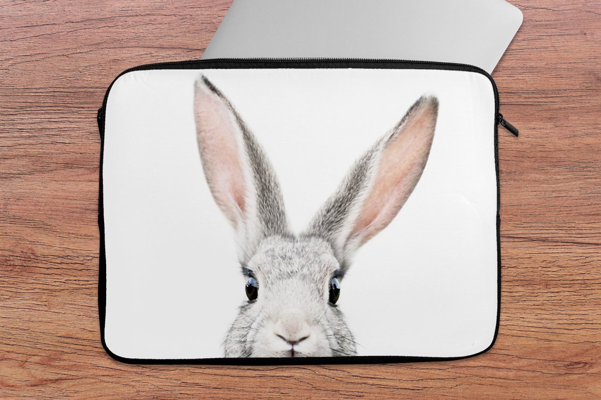 Laptophoes 14 inch - Konijn - Dieren - Natuur - Wit - Laptop sleeve - Binnenmaat 33x23 cm - Zwarte achterkant