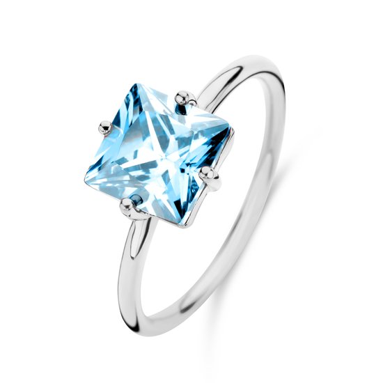 New Bling 9NB-1132-56 Zilveren Ring met Zirkonia Steen - Licht Blauw - 8mm - Vierkant - Maat 56 - Rhodium - Zilver