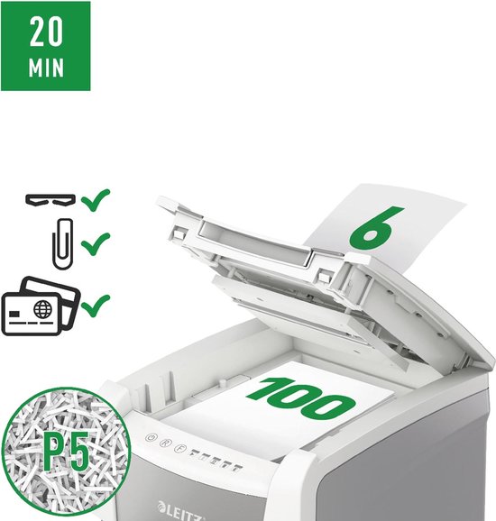Grijze en witte Leitz papierversnipperaar. Invoer met "100" en "6" op vellen. "P5" logo, nietjes, paperclip en creditcard logo's.