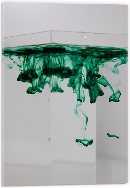 Acrylglas - Bak met Water Waar Groene Kleurstof Doorheen Word Gegooid - 40x60 cm Foto op Acrylglas (Wanddecoratie op Acrylaat)