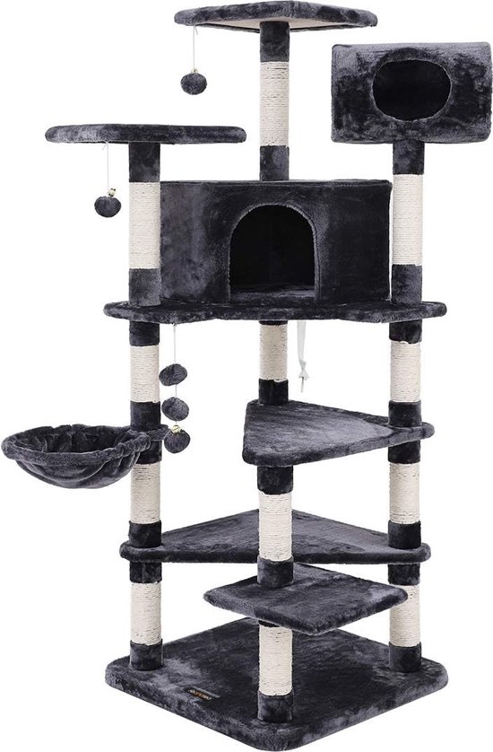 Taoqimiao Krabpaal, 180CM Krabpaal Grote Kat XXL met 9 Krabpalen, Groot Platform, Ruim Grotten, Mand, Hangmat, Pluche Ballen, Donkergrijs MS034G