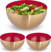 Relaxdays 3x saladeschaal - 3,5 liter - rood-goud - slakom - mengkom - Ø 25cm - rvs