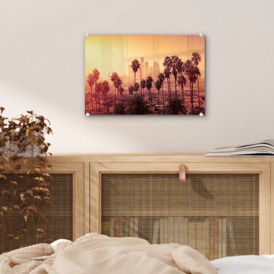 MuchoWow - Peinture sur verre - Photo sur verre - Palmier - Los Angeles - Skyline - Verre acrylique - 30x20 cm - Peinture sur verre ville - Peinture sur verre - Décoration murale - Peintures salon