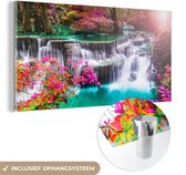 MuchoWow - Glasschilderij - Schilderij natuur - Waterval - Landschap - Bos - Oase - Acrylglas - Foto op glas - Kamer decoratie - 120x60 cm - Schilderijen woonkamer