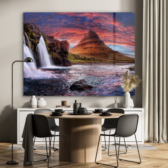 Peinture sur verre - Photo sur verre - Islande - Cascade - Berg - Verre acrylique - Décoration murale - Peinture cascade - Peinture sur verre - 160x120 cm - Décoration murale