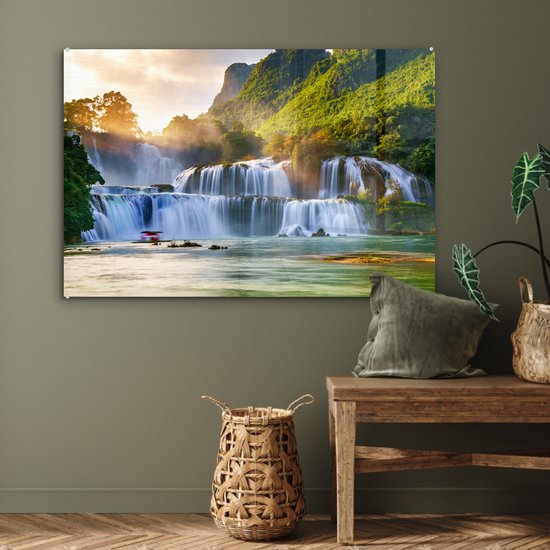 Tableau sur verre - Décoration murale - Cascade - Soleil - Nature - Arbres - Verre acrylique - Photo sur verre - Tableau nature - 120x80 cm - Décoration murale