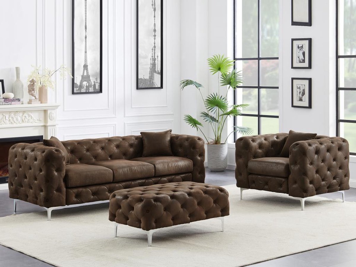 Vente-unique Driezits-Chesterfieldbank en -fauteuil van microvezel met verouderd leereffect EDWINA