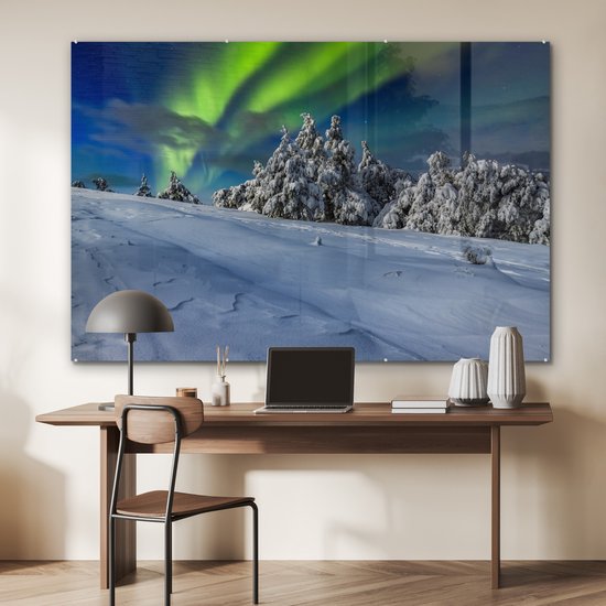 MuchoWow® Peinture sur verre 180x120 cm - Peinture sur verre - Aurores boréales - Neige - Arbre - Hiver - Photo sur verre acrylique - Peintures