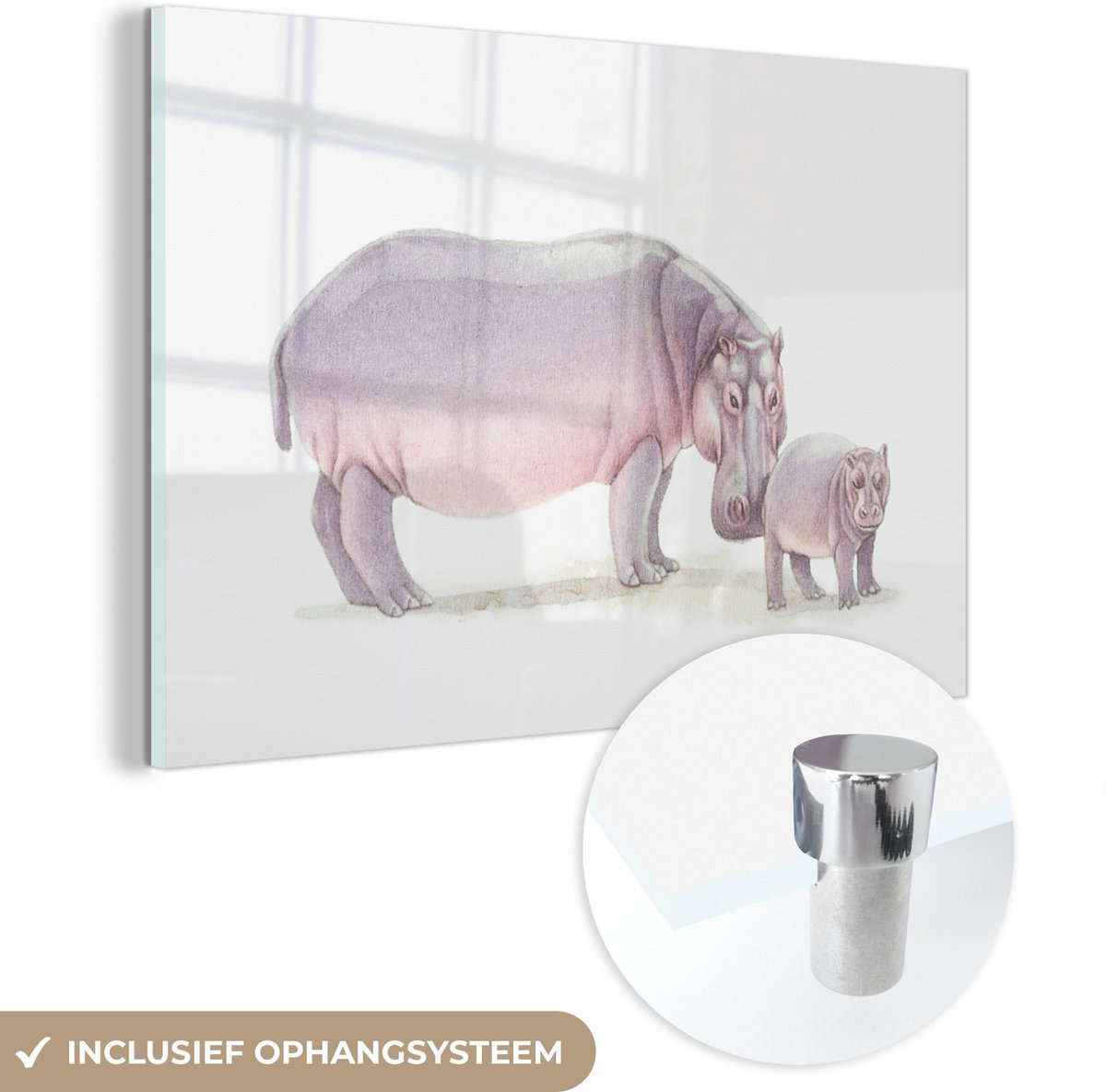 ® Glasschilderij 150x100 cm - Schilderij acrylglas - Nijlpaard - Kalf - Waterverf - Foto op glas - Muurdecoratie woonkamer - Wanddecoratie slaapkamer - Schilderijen