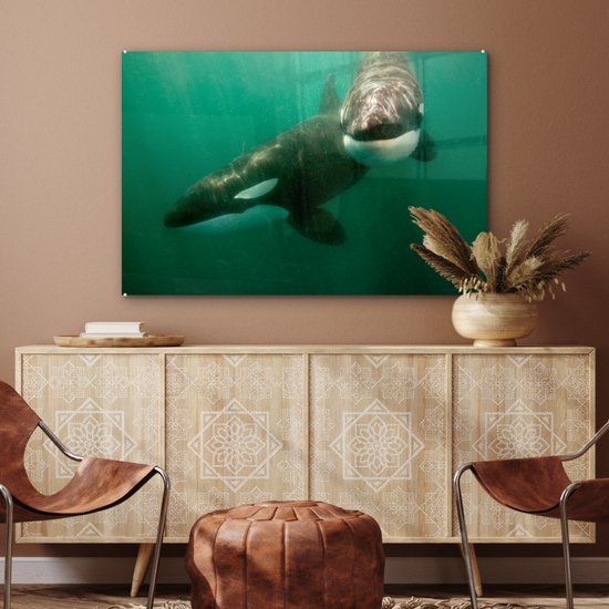Peinture sur verre - Deux orques dans l'eau - 90x60 cm - Peintures Acryliques - Photo sur Glas