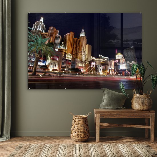 ® Glasschilderij 150x100 cm - Schilderij acrylglas - Strip - Las Vegas - Straat - Foto op glas - Muurdecoratie woonkamer - Wanddecoratie slaapkamer - Schilderijen