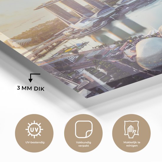 ® Glasschilderij 60x40 cm - Schilderij acrylglas - Skyline van Singapore met hoge torens bij zonsondergang - Foto op glas - Muurdecoratie woonkamer - Wanddecoratie slaapkamer - Schilderijen
