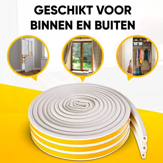 Rol witte tochtband met gele strepen, geschikt voor binnen en buiten. Voorbeelden van toepassingen bij deuren, ramen en kasten.