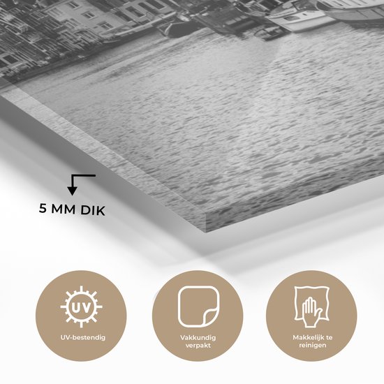 Peinture sur Verre - Canal à Amsterdam - Zwart - Wit - 120x80 cm - Peintures sur Verre Peintures - Photo sur Glas