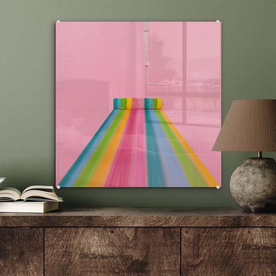 MuchoWow® Peinture sur verre 50x50 cm - Peinture sur verre - Rouleau à peinture qui fait des rayures arc-en-ciel - Photo sur verre acrylique - Peintures