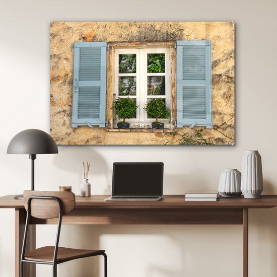 Peinture sur verre - Vieux Mur aux volets bleus - 120x80 cm - Peintures sur Verre Peintures - Photo sur Glas