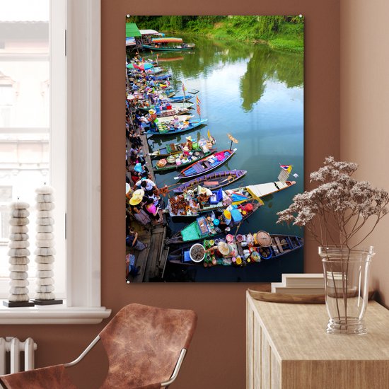 Peinture sur verre - Marché flottant en Thaïlande avec des bateaux colorés - 80x120 cm - Peintures sur Verre Peintures - Photo sur Glas