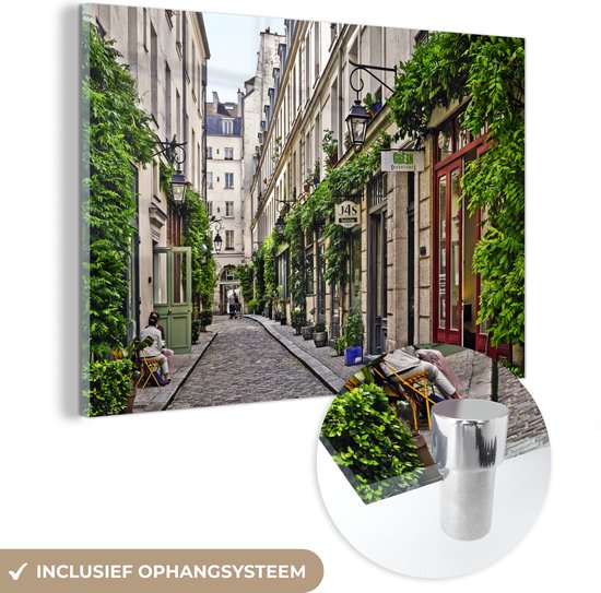 MuchoWow® Glasschilderij 60x40 cm - Schilderij acrylglas - Straat in Parijs - Foto op glas - Schilderijen