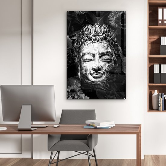 MuchoWow® Peinture sur verre 80x120 cm - Peinture sur verre acrylique - Tête brute de Bouddha avec fleurs et feuilles - noir et blanc - Photo sur verre - Peintures