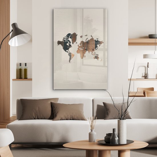 Peinture sur Verre - Carte du Wereldkaart - Planche de Bois - Marron - 80x120 cm - Peintures sur Verre Peintures - Photo sur Glas