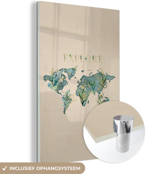 Tableau sur Verre - Carte du Wereldkaart - Turquoise - Plantes - 80x120 cm - Peintures sur Verre Peintures - Photo sur Glas