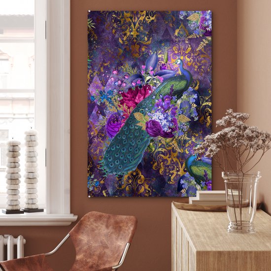 Peinture sur Verre - Motifs - Paon - Violet - Or - 60x90 cm - Peintures Plexiglas