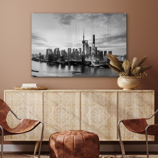 MuchoWow® Peinture sur verre - Shanghai Skyline - noir et blanc - 90x60 cm - Peintures sur verre acrylique - Photo sur Glas