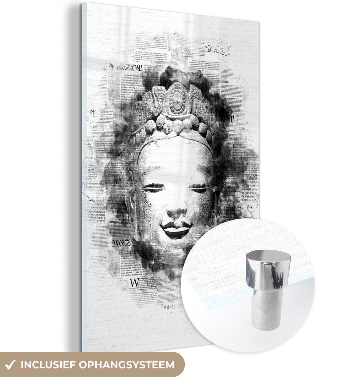 ® Glasschilderij 100x150 cm - Schilderij acrylglas - Krant - Buddha - Verf - Foto op glas 
