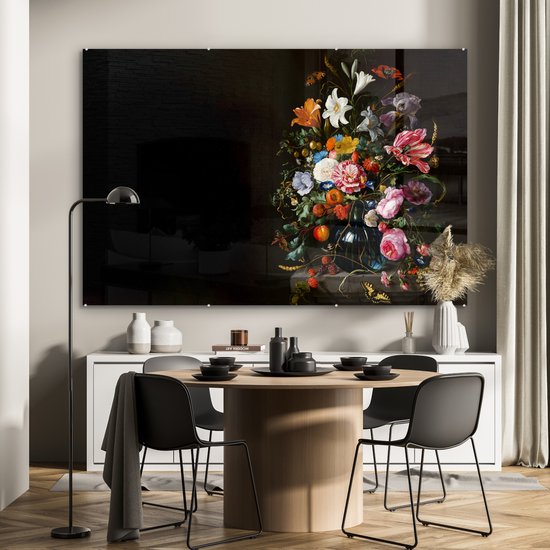 MuchoWow® Glasschilderij 150x100 cm - Schilderij acrylglas - Oude meesters - Kunst - Vaas met bloemen - Jan Davidsz de Heem - Foto op glas - Schilderijen