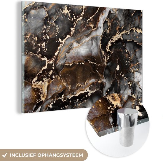 MuchoWow® Glasschilderij 60x40 cm - Schilderij glas - Marmer - Goud - Glitter - Luxe - Foto op acrylglas - Schilderijen