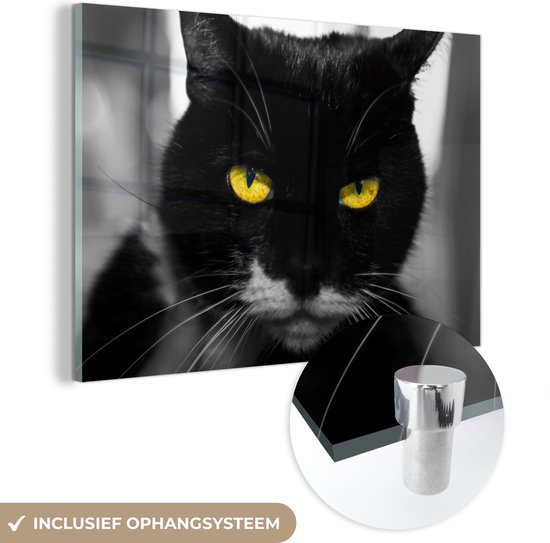 MuchoWow® Glasschilderij 90x60 cm - Schilderij acrylglas - Zwart-wit foto van de kop van een zwarte kat met gele ogen - Foto op glas - Schilderijen