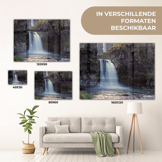 MuchoWow® Glasschilderij 160x120 cm - Schilderij acrylglas - Waterval - Water - Rotsen - Foto op glas - Schilderijen