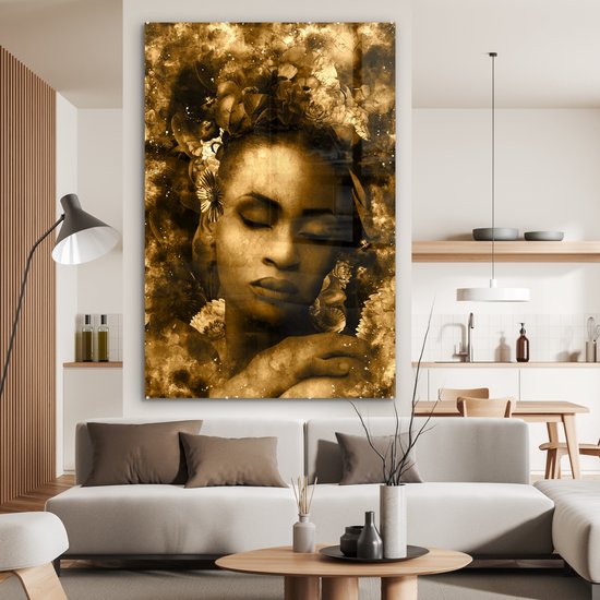 MuchoWow® Peinture sur Verre - Femme - Fleurs - Sépia - 100x150 cm - Peintures sur Verre Acrylique - Photo sur Glas