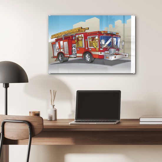 ® Glasschilderij 60x40 cm - Schilderij acrylglas - Kinderillustratie van brandweermannen in brandweerauto - Foto op glas - Muurdecoratie woonkamer - Wanddecoratie slaapkamer - Schilderijen