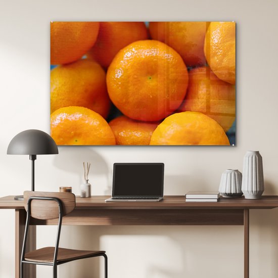 MuchoWow® Peinture sur verre 120x80 cm - Peinture sur verre acrylique - Mandarines brillantes en tas - Photo sur verre - Peintures